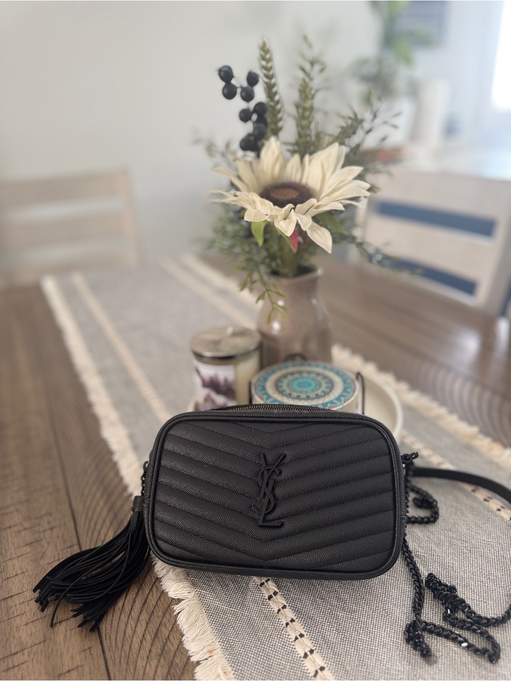 Saint Laurent Black Quilted Leather Crossbody Camera Bag with Tassel